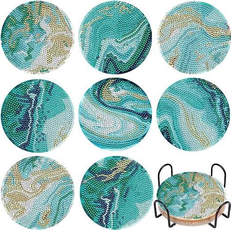 8 Pcs Diamond Painting Coasters With Holder DIY Teal Marble Ocean