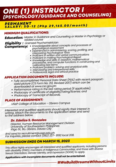 USeP Job Hiring! USeP is in need of one (1) teaching personnel for ...