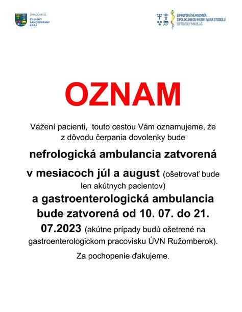 Oznam Pre Pacientov Nefrologickej Ambulancie A Gastroenterologickej