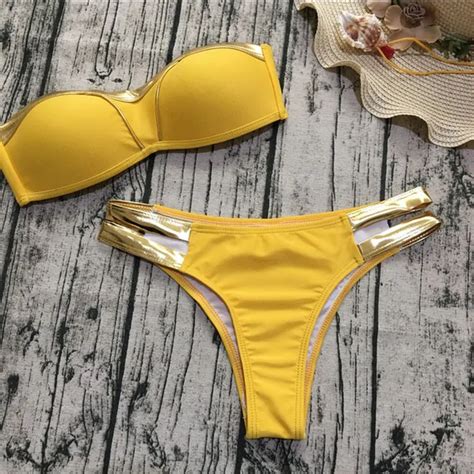 Aliexpress Buy Women Gold Metallic Bordered Bikini Bandeau Push