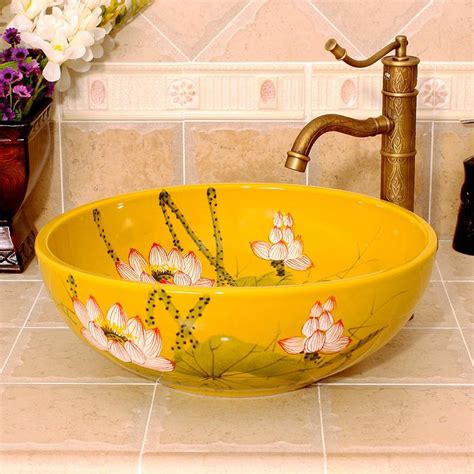 Waterlily Design White Yellow Ceramic Bathroom Sink Jingdezhen