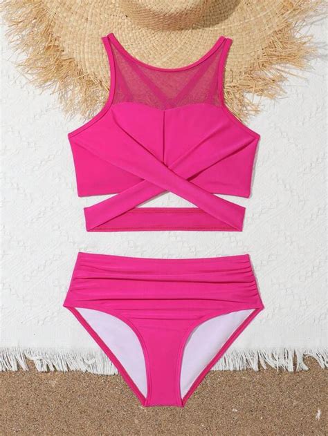 Shein Traje De Ba O De Bikini Entrecruzado De Malla En Contraste Para