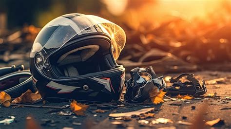 Premium AI Image | Motorbike's safety helmet crash and broke after accident on the road