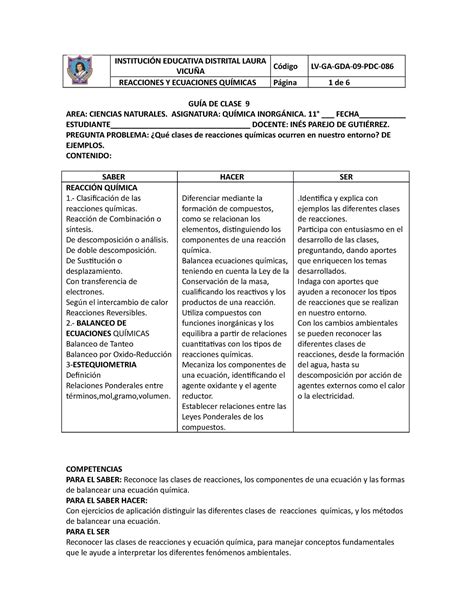 Guia De Reacciones Químicas Actualizada 2018 11° Laurasierravivanco