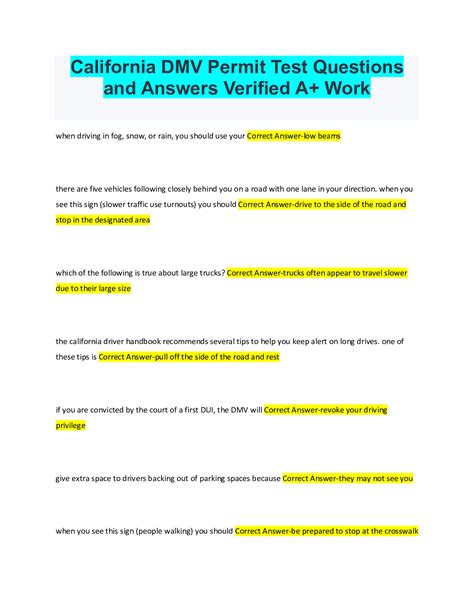 California Dmv Permit Test Questions And Answers Verified A Work