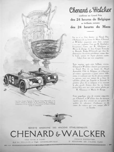 PUBLICITÉ DE PRESSE 1925 Chenard Walcker 24 Heures Du Mans Et De