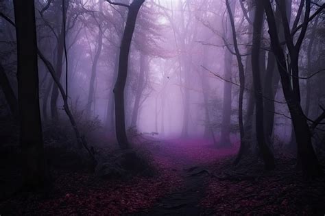 Premium AI Image | Magical dark purple forest with foggy mist eerie and ...