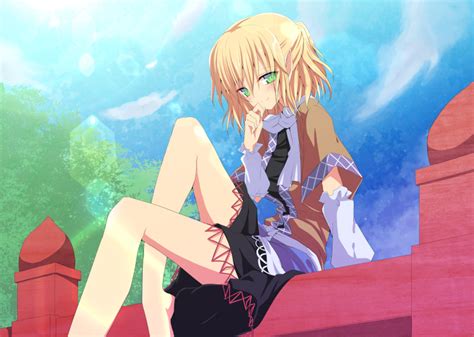 Safebooru 1girl Arm Warmers Bare Legs Barefoot Blonde Hair Blue Sky Green Eyes Hand To Own