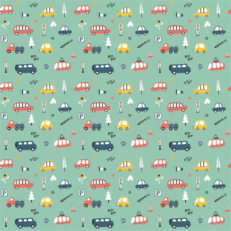 Cute Cars Seamless Pattern Cartoon Transportation Doodles Background