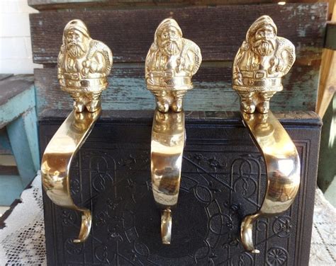 Vintage Set Of Solid Brass Santa Claus Christmas Stocking Hangers