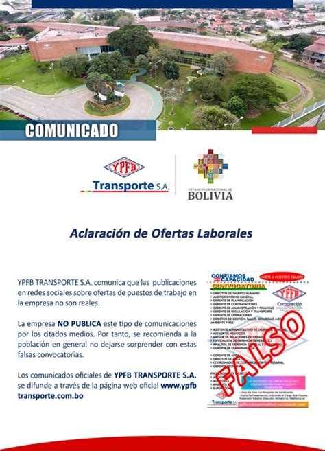 Comunicado sobre publicación de ofertas laborales YPFB Transporte