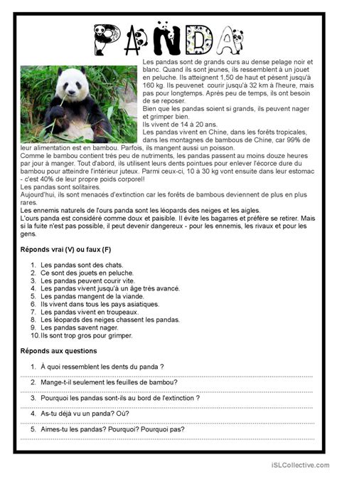 Lecture facile Panda compréhension Français FLE fiches pedagogiques