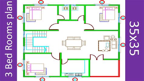 3 Bhk House Plan Ii 35 X 35 House Design With 3 Bed Rooms Ii 35 X 35 Ghar Ka Naksha Youtube