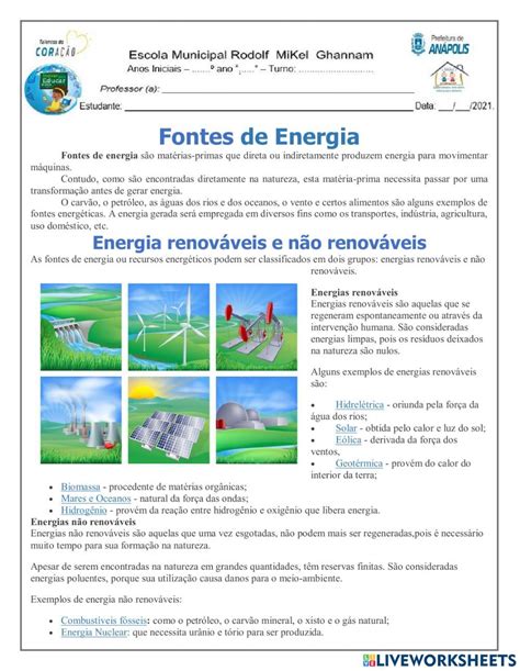 Fontes De Energia Worksheet Online Workouts School Subjects Teachers