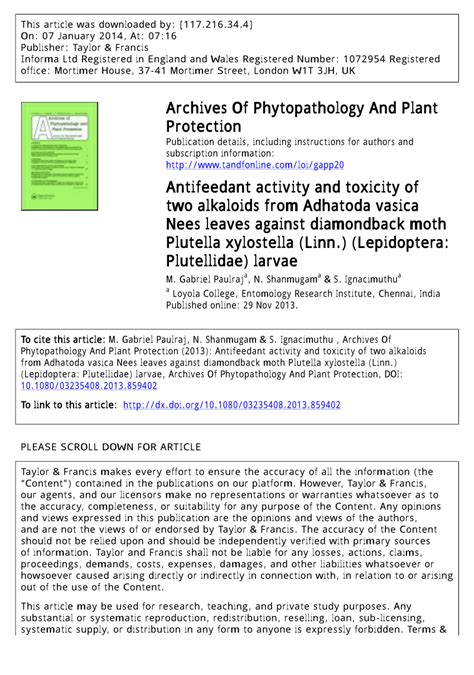 PDF Antifeedant Activity And Toxicity Of Two Alkaloids From Adhatoda