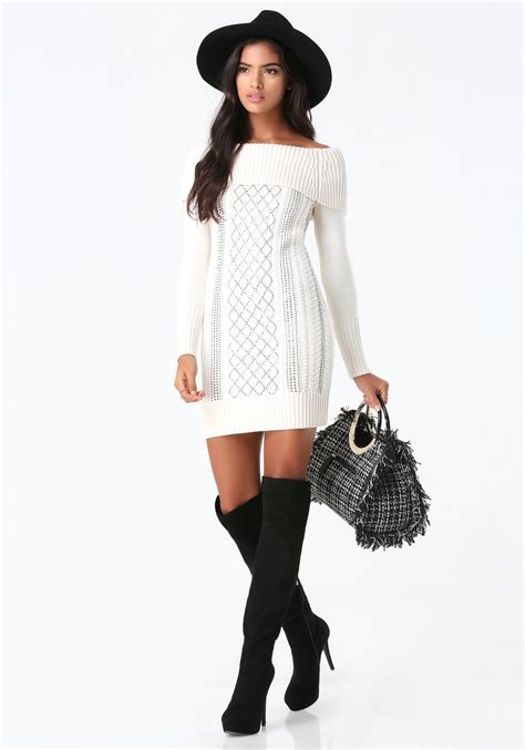 Bebe Off Shoulder Sweater Dress In White Lyst