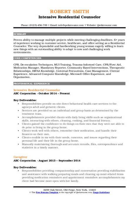 Residential Counselor Resume Samples Qwikresume