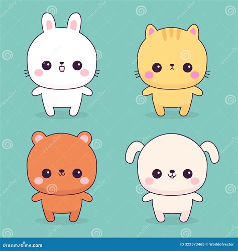 Chibi Cat Kitten, Bunny Rabbit, Dog Puppy, Bear Icon Set. Round Face. Cute Cartoon Kawaii Funny ...