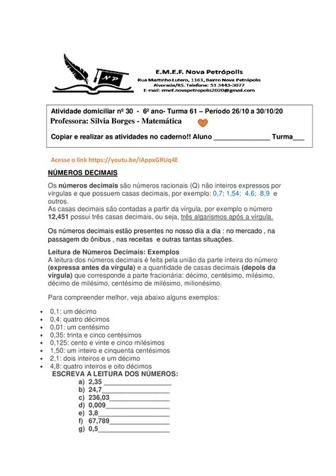 EAD EMEF Nova Petrópolis Turma 61 Matemática Profª Silvia Borges