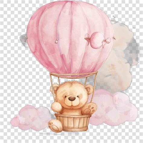 Teddy Bear Sitting In A Pink Hot Air Balloon Illustrataion Cute Nuresery Watercolor Premium AI