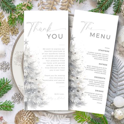 Christmas Dinner Menu Card Template, Holiday Place Card Thank You, Silver Christmas Tree, Napkin ...