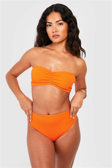 Crinkle Ruched Bandeau Bikini Set Boohoo