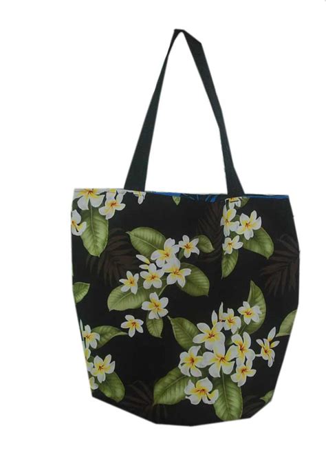 Hawaiian Black Plumeria Reversible Tote Bag Jade Fashion Hawaiian