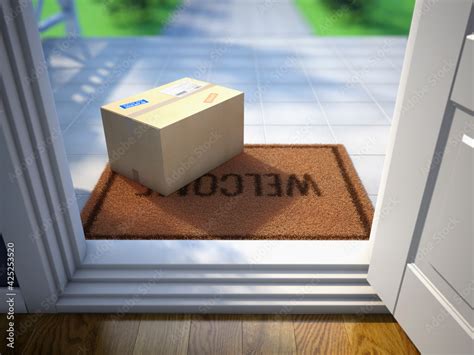 Cardboard parcel box delivered outside the door. Parcel on the door mat ...