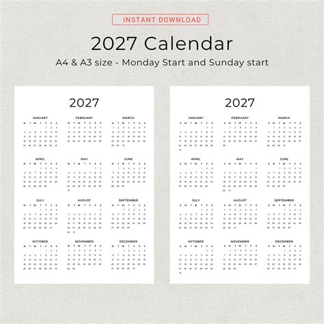 2027 Calendar 2027 Yearly Calendar Printable 2027 Wall Calendar 2027 Year at a Glance Minimalist ...