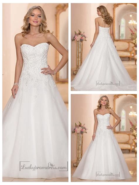 Strapless Sweetheart Embellished Lace Bodice A Line Wedding Dresses