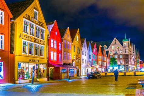 BERGEN, NORWAY, AUGUST 22, 2016: Night View of a Historical Wooden ...