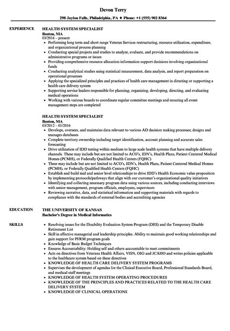 Health System Specialist Resume Samples Velvet Jobs