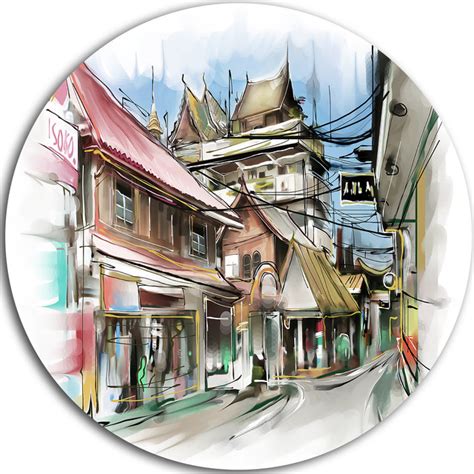 City Street Illustration Art, Cityscape Street Art Round Metal Art ...