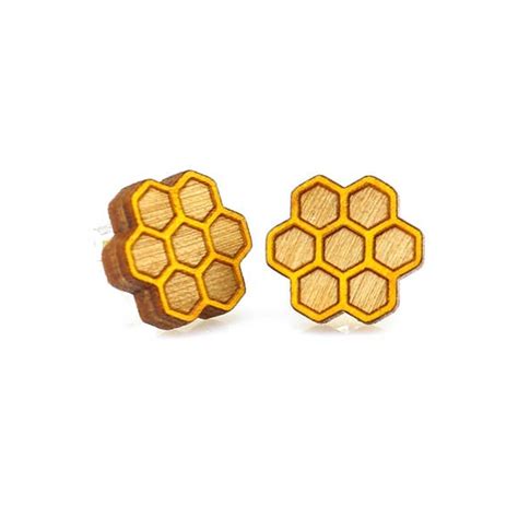 Save The Bees Earrings Honeycomb Studs Wooden Earrings Eco Girl Shop