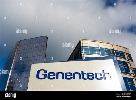 Genentech company sign at biotechnology corporation headquarters campus ... 