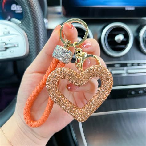 New Arrival Rhinestones Heart Shape Key Chain Girls Bag Luxury Wristlet Accessories Cute Women