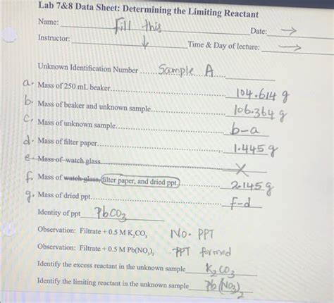 Solved Lab 7and8 Data Sheet Determining The Limiting Reactant