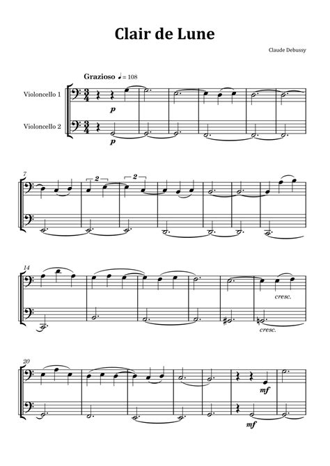 Clair De Lune By Debussy Cello Duet Arr Glauco Fernandes Sheet