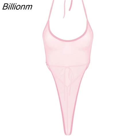 Billionm Womens See Through Bodysuit Sheer Mesh Halter Neck Strappy Backless High Cut Hot Sexy