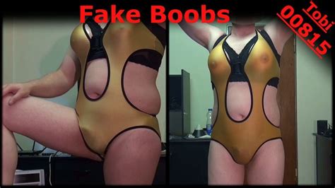 Fake Boobs E Cup Wet Sheer Swimsuit Over Big Strapon Tits Shaved Crossdresser Tobi