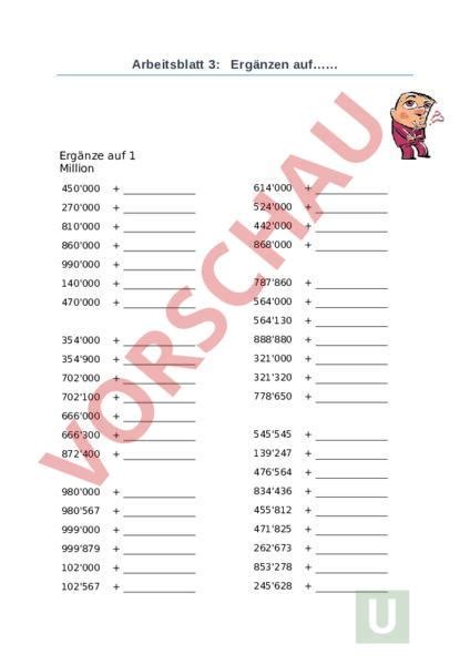 Arbeitsblatt Erg Nzen Auf Mio Mathematik Addition