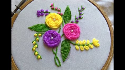 Hand Embroidery Roses With Woven Wheel Stitch Spider Web Stitch For