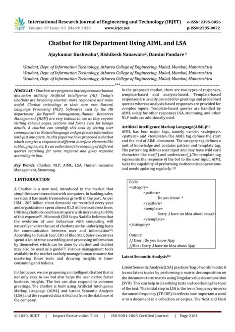 Irjet Chatbot For Hr Department Using Aiml And Lsa Pdf