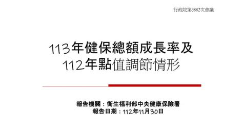 第3882次行政院會 報一 113年健保總額成長率及112年點值調節情形 衛福部 懶人包 Ppt