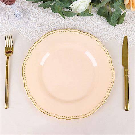 BalsaCircle Nude Round Disposable Plastic Dinner Plates Gold Scalloped Trim Party Events