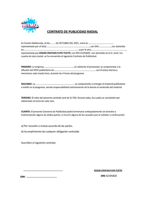 Contrato De Publicidad Radial Entre Un Contratista Locutos Y Un Tercero Contrato De Publicidad