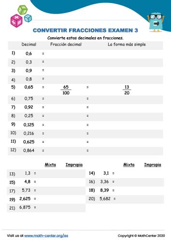 Convertir Fracciones Examen Pruebas Math Center