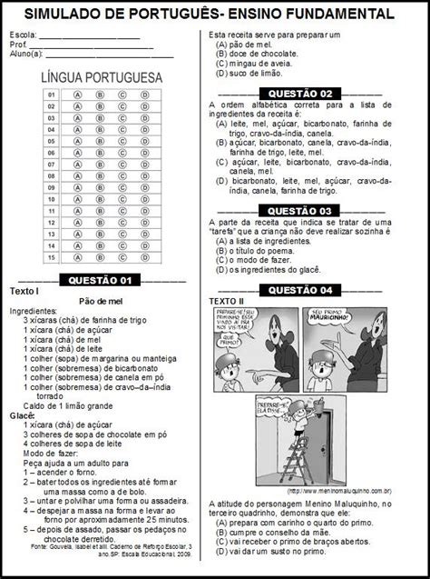 SIMULADO DE PORTUGUÊS PARA O ENSINO FUNDAMENTAL PRONTO PARA IMPRIMIR ...