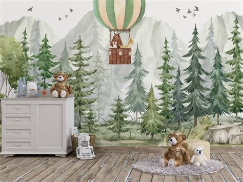 Watercolor Forest Kids Wallpaper Peel And Stick Mountain Hot Baloon