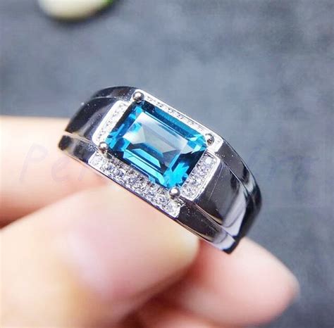 Men Ring Topaz Ring Natural Real Blue Topaz 925 Sterling Silver Free